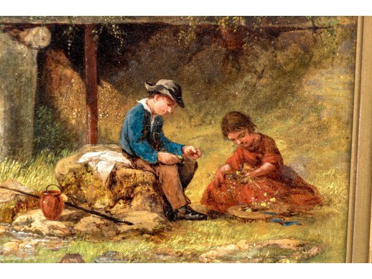 Antique Oil On Canvas, Fishing Couple In The Landscape