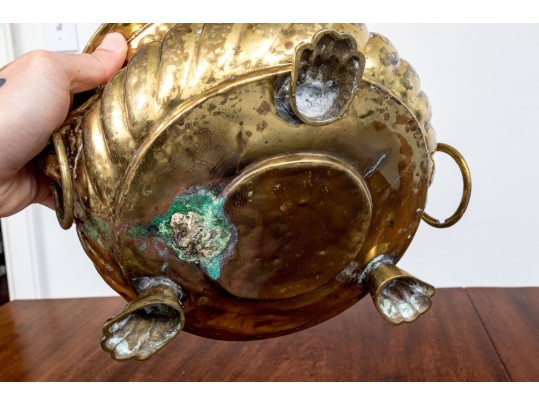 Antique Footed Brass Jardiniere With Lion Mask Handles