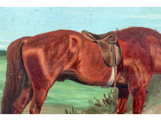 Antique Oil On Board, Horse And Dogs In Landscape