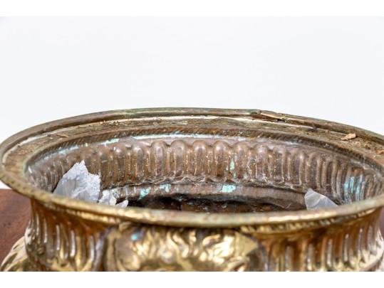 Antique Footed Brass Jardiniere With Lion Mask Handles