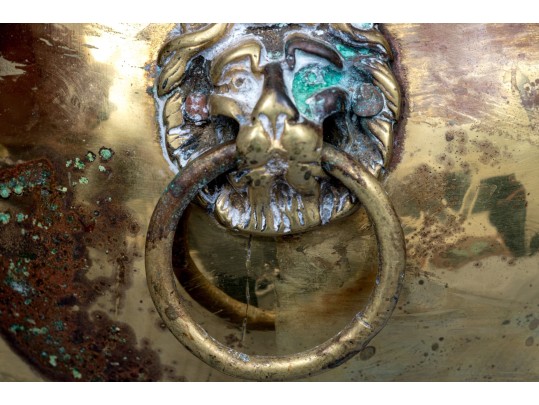 Antique Brass Oval Lion Mask Handled Jardiniere