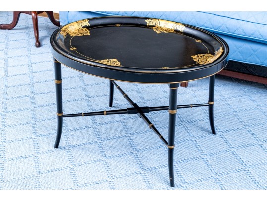 Chinoisserie Oval Ebonised And Gilt Papier Mache Tray Top Table