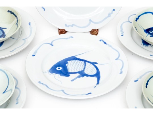 Chinese Blue And White Fish Motif Porcelain Plates And Bowls