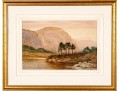 Signed Watercolor, Vast Landscape With Bending River And Mountains