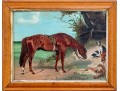 Antique Oil On Board, Horse And Dogs In Landscape