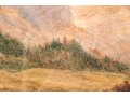 Signed Watercolor, Vast Landscape With Bending River And Mountains