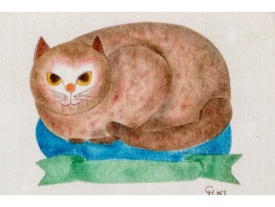 Signed Theorem Painting Of A Recumbent Cat, 1981