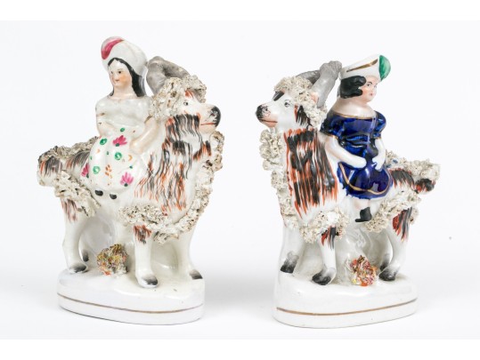 Two English Staffordshire Ceramic Fairings Of Ladies On Goats