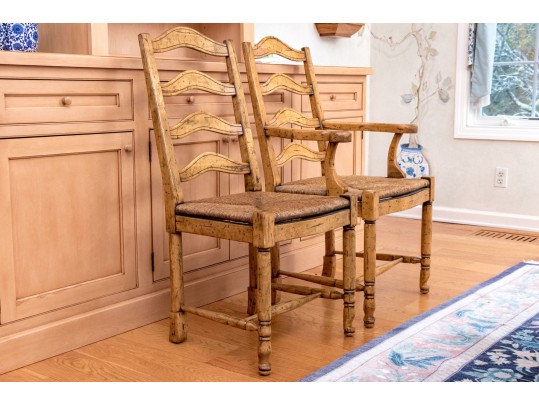 French Country Parquetry Dining Table And Ladderback Chairs, Probably Bausman Or Guy Chaddock