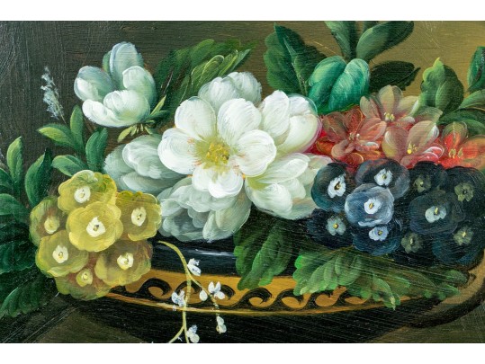 Oil On Board, Still Life With Flowers In Black Footed Bowl