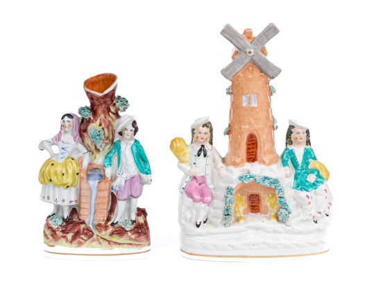 Two Piece Hand-painted Staffordshire Figural Sculptures, Including A Vase