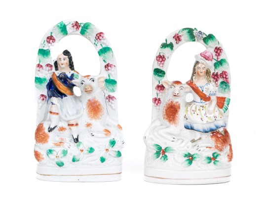 Pair Of English Staffordshire Hand-painted Figural Sculptures