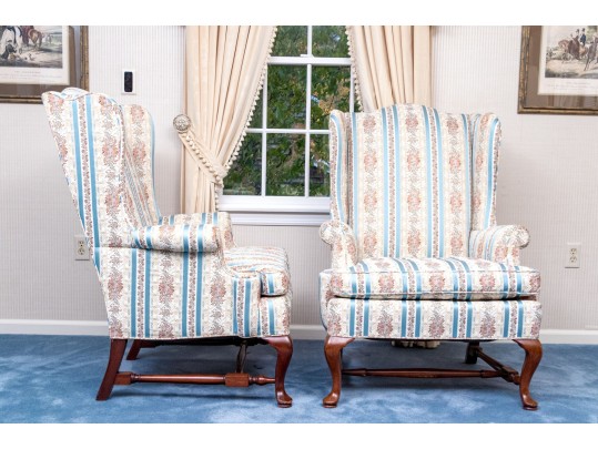 Pair Of Custom Upholstered Wingback Queen Anne Style Armchairs