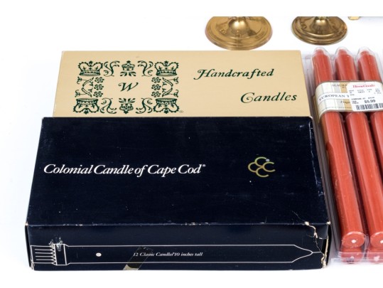 Assembled Collection Of Ten Brass Candlesticks And Candles