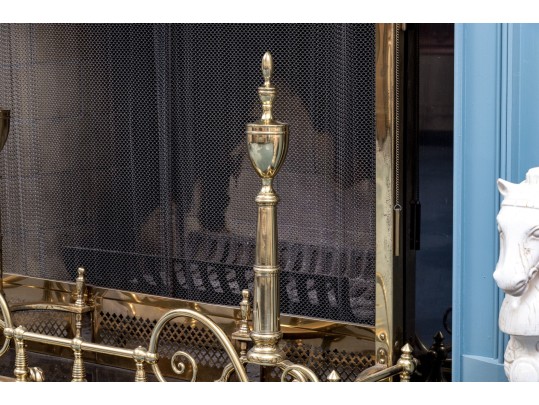 Brass Fireplace Lot Including Fender, Spark Screen, And Pair Of Andirons