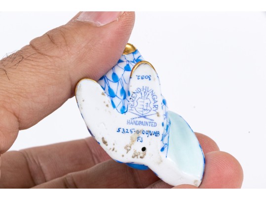 Herend Hand-Painted Porcelain Bunny Rabbit With Blue Fishnet 