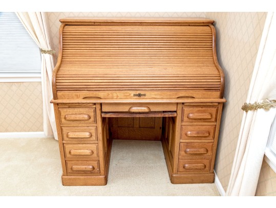 Antique Oak Secretary Desk With Tambour Top
