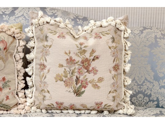 Set Of Two Needlepoint Upholstered Accent Pillows With Tassels