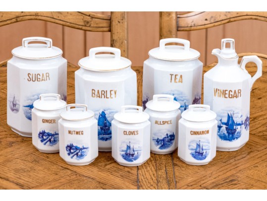 Collection Of Nine German Lidded Blue And White And Gilt Finished Ceramic Storage Vessels