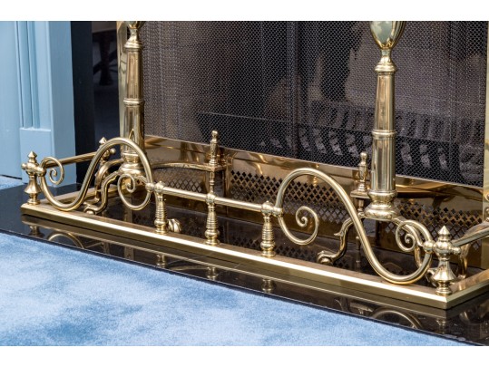 Brass Fireplace Lot Including Fender, Spark Screen, And Pair Of Andirons