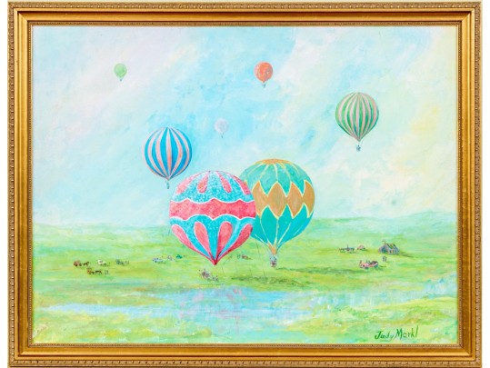 Judy Markl (20th C., New England) Oil On Board, Landscape With Hot Air Balloons