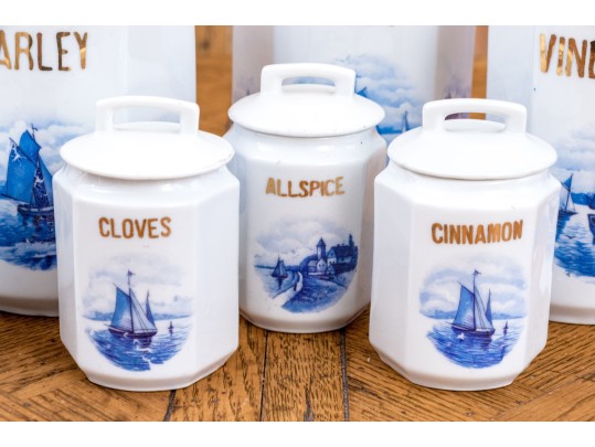 Collection Of Nine German Lidded Blue And White And Gilt Finished Ceramic Storage Vessels