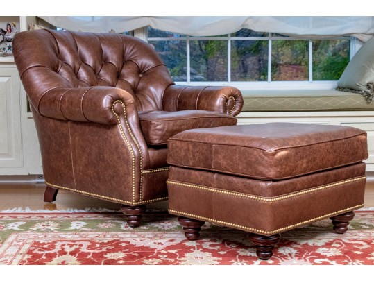 Hancock Leather Chesterfield Style Tufted Armchair With Ottoman