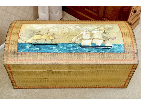 Antique Dome Top Nautical Themed Hand Painted Trunk