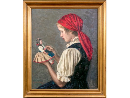 Ernest De Nagy (Hungarian-American, 1881-1952) Oil On Canvas, Girl Playing With Doll