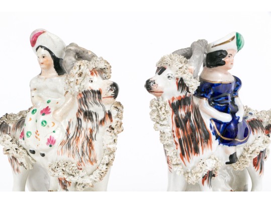 Two English Staffordshire Ceramic Fairings Of Ladies On Goats