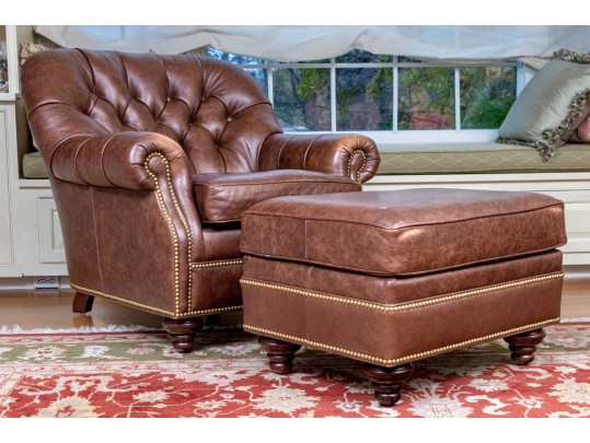 Hancock Leather Chesterfield Style Tufted Armchair With Ottoman
