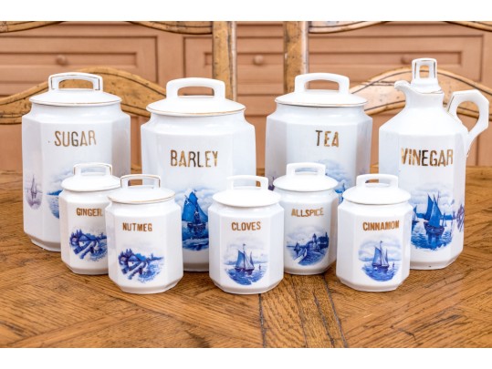 Collection Of Nine German Lidded Blue And White And Gilt Finished Ceramic Storage Vessels