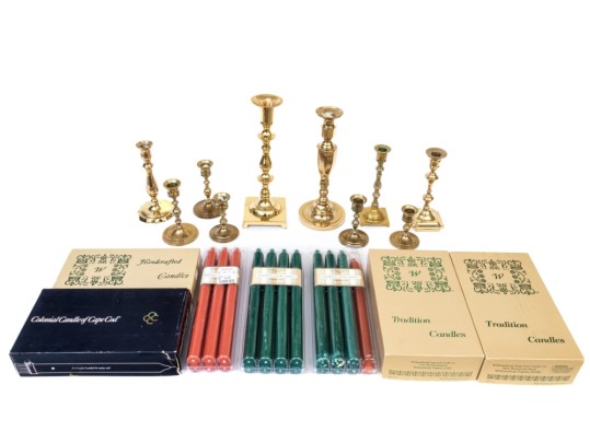 Assembled Collection Of Ten Brass Candlesticks And Candles
