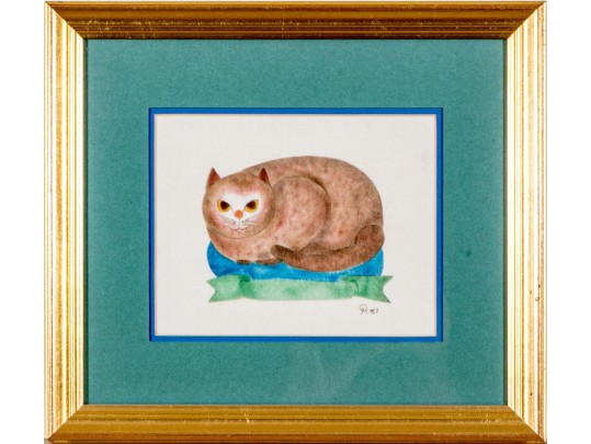 Signed Theorem Painting Of A Recumbent Cat, 1981