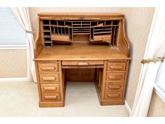 Antique Oak Secretary Desk With Tambour Top