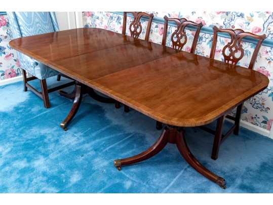 Twin Pedestal Banded Mahogany Extension Dining Table