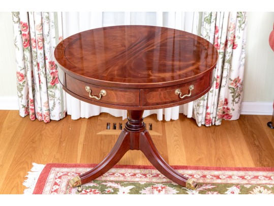 Baker Furniture Banded Flame Mahogany Pedestal Drum Table