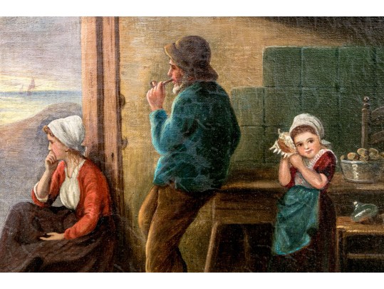 F. Robin Oil On Canvas Genre Scene Of Figures In Interior