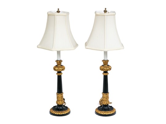 Pair Of Ebonized And Gilt Candlestick Form Table Lamps
