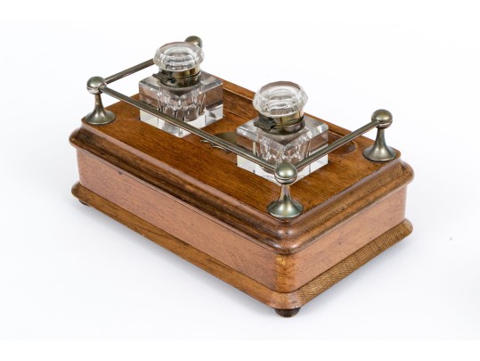 Antique Inkwell On Stand With Two Bottles