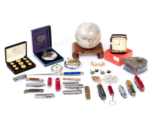Intriguing Assorted Lot Including Pocket Knives, Pocket Watches, Costume Jewelry And More