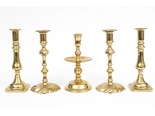 Quality Collection Of Five Brass Candlesticks, Including Two Pairs