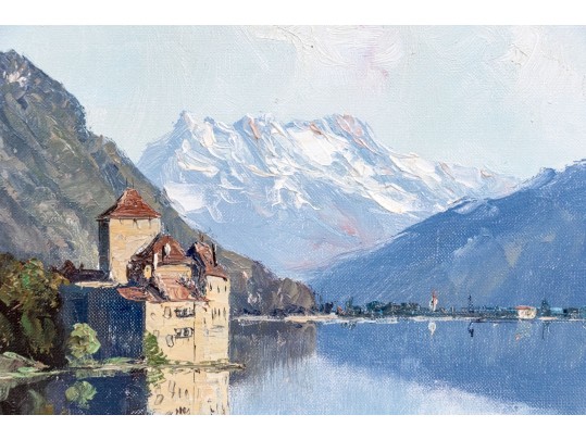 Signed S. Michel Oil On Canvas, Lakeside View Of Chillon Castle, Switzerland