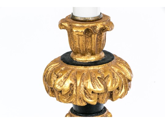 Pair Of Ebonized And Gilt Candlestick Form Table Lamps