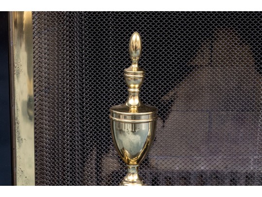 Brass Fireplace Lot Including Fender, Spark Screen, And Pair Of Andirons