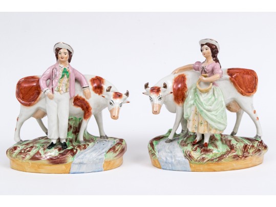 Pair Of 19th Century English Staffordshire Hand-painted Figural Sculptures