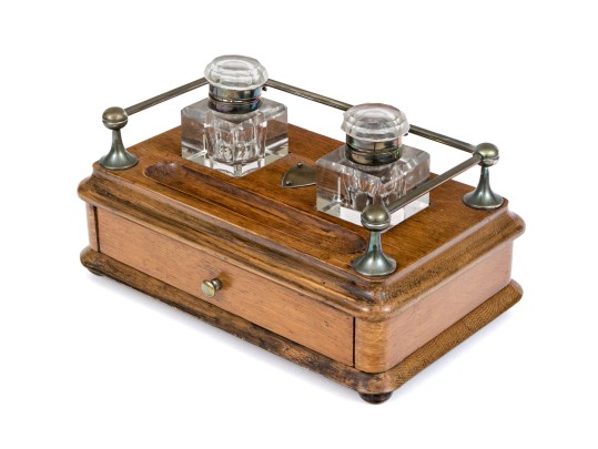 Antique Inkwell On Stand With Two Bottles
