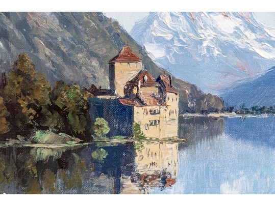Signed S. Michel Oil On Canvas, Lakeside View Of Chillon Castle, Switzerland