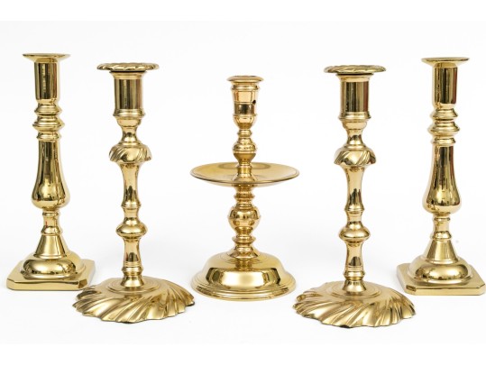 Quality Collection Of Five Brass Candlesticks, Including Two Pairs