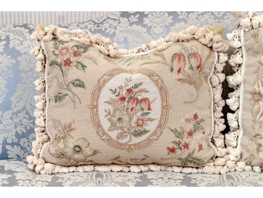Set Of Two Needlepoint Upholstered Accent Pillows With Tassels